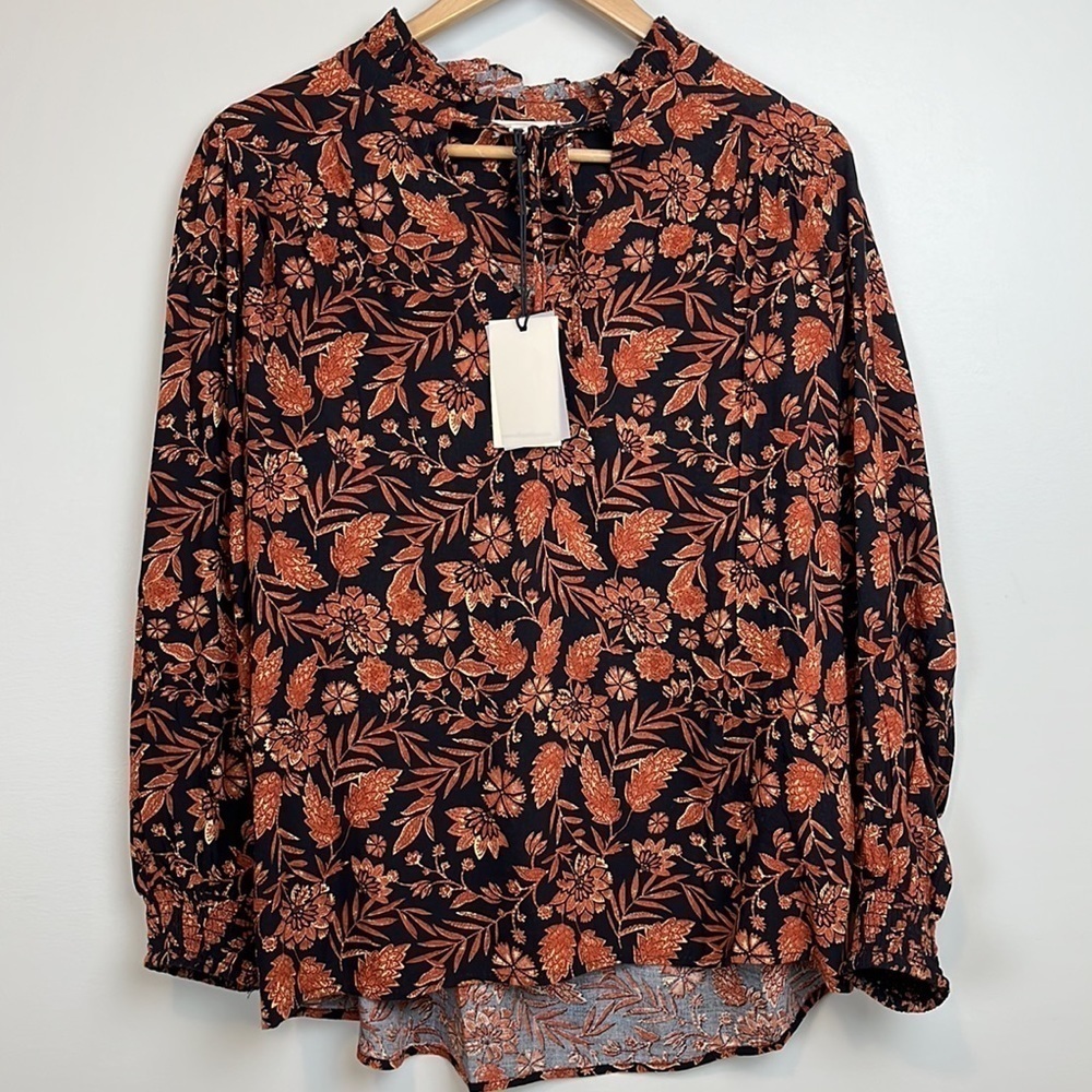 Elan Bohemian Leaf Print Floral Longsleeve Blouse